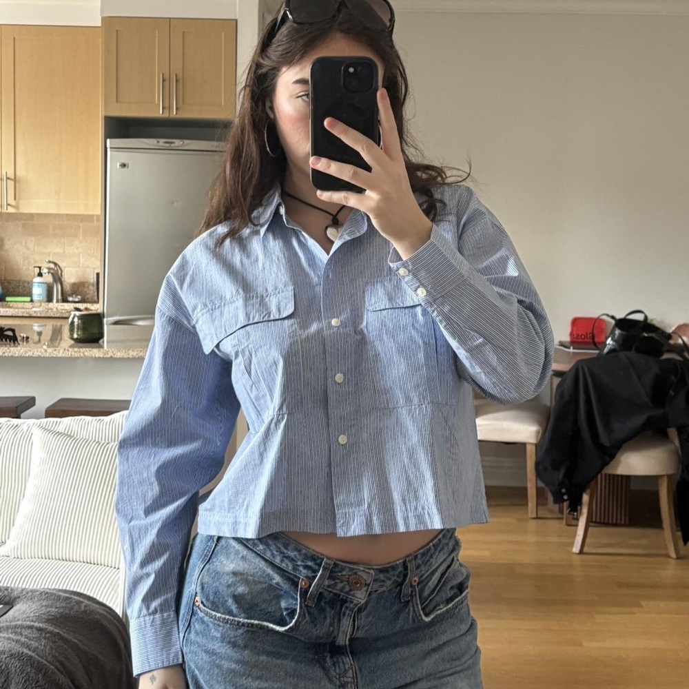 LOFT Blue & White Pinstripe Cropped Button-Down Shirt